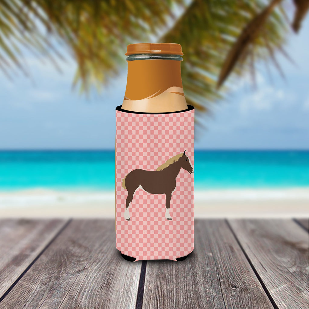 Percheron Horse Pink Check Slim Can Hugger , Insulated Foam Hugger for 12 oz Slim Cans, Beer Bottles & Water Bottles, Printed in USA