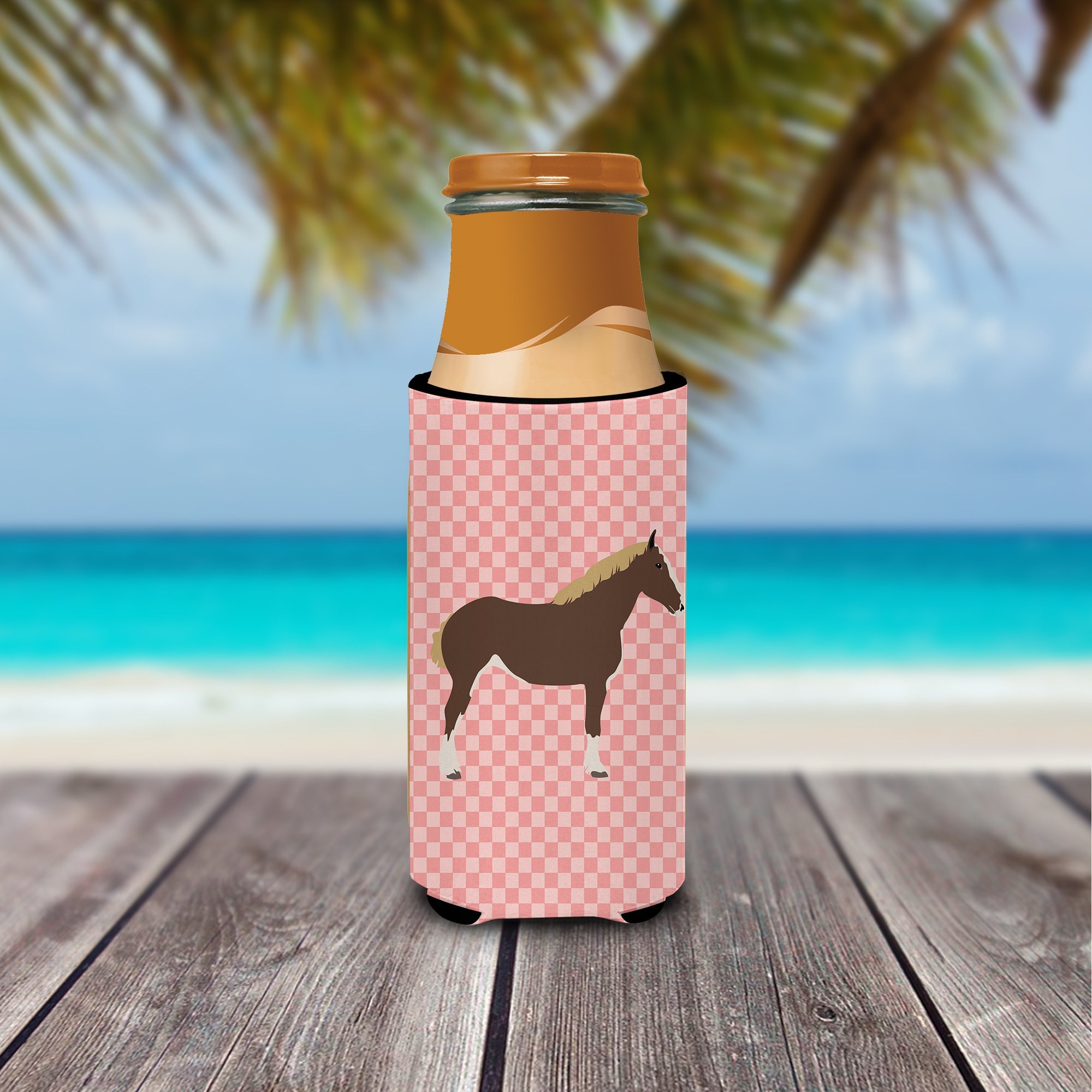 Percheron Horse Pink Check Slim Can Hugger , Insulated Foam Hugger for 12 oz Slim Cans, Beer Bottles & Water Bottles, Printed in USA