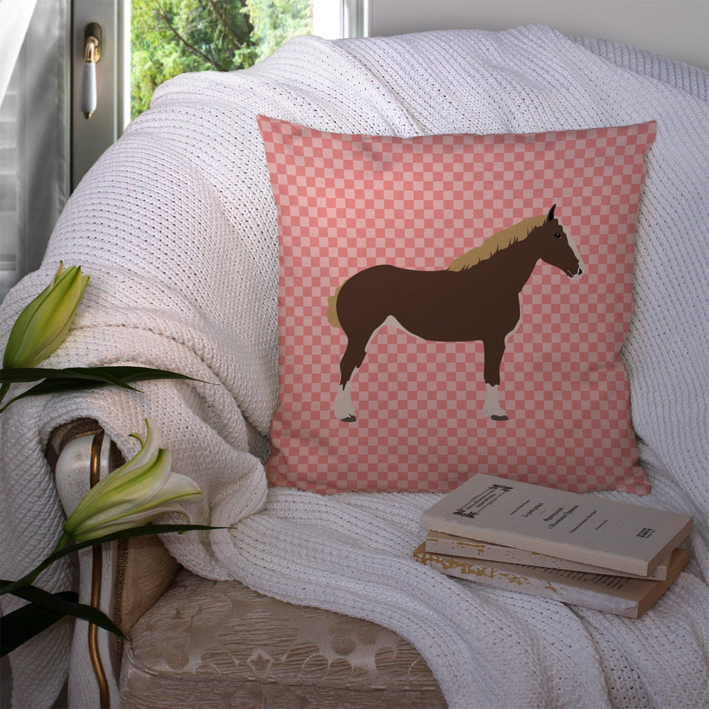 Percheron Horse Pink Check Decorative Throw Pillow 14x14 Indoor Outdoor Accent Cushion, Fabric Cover with Insert for Sofa, Bed, Porch & Living Room