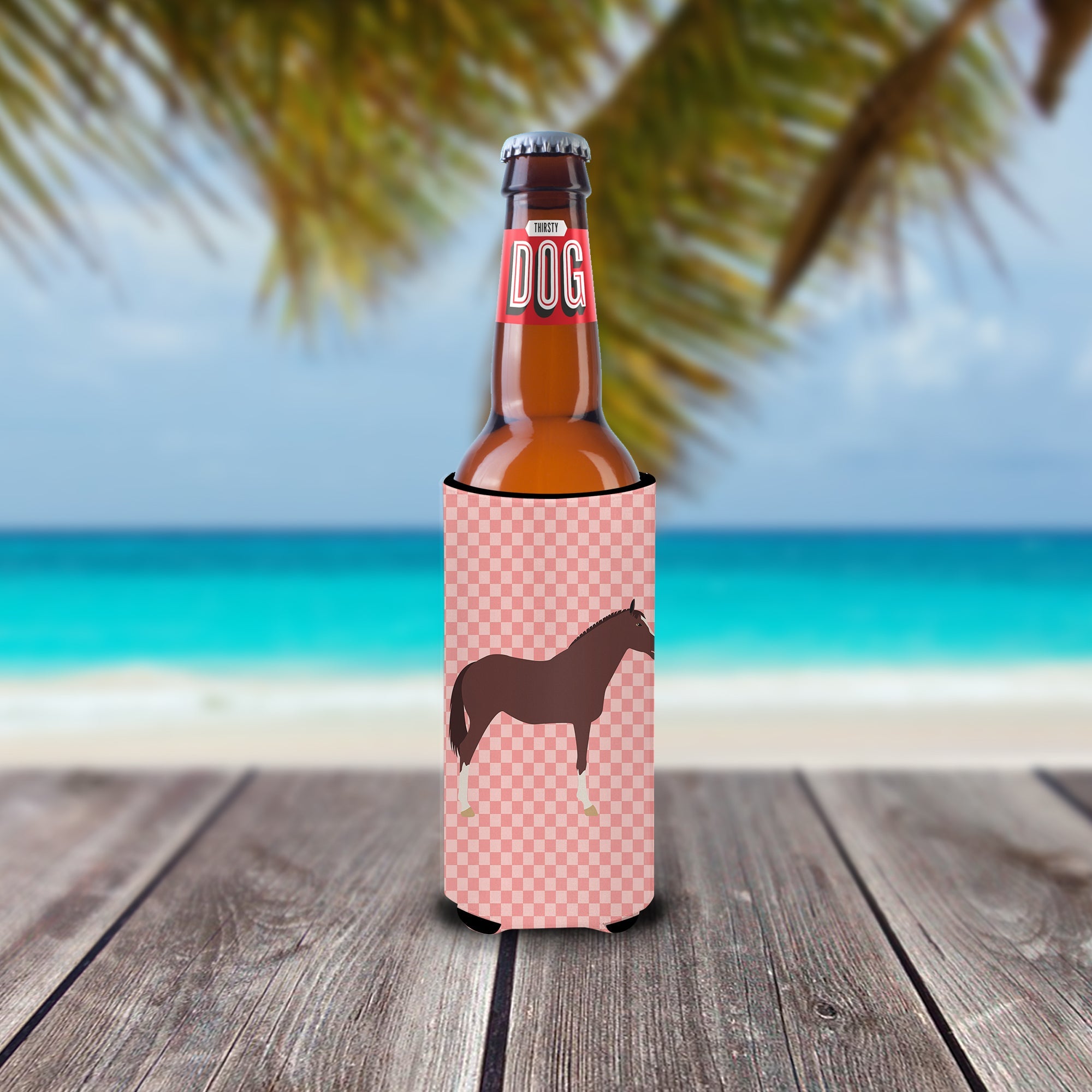 English Thoroughbred Horse Pink Check Slim Can Hugger , Insulated Foam Hugger for 12 oz Slim Cans, Beer Bottles & Water Bottles, Printed in USA
