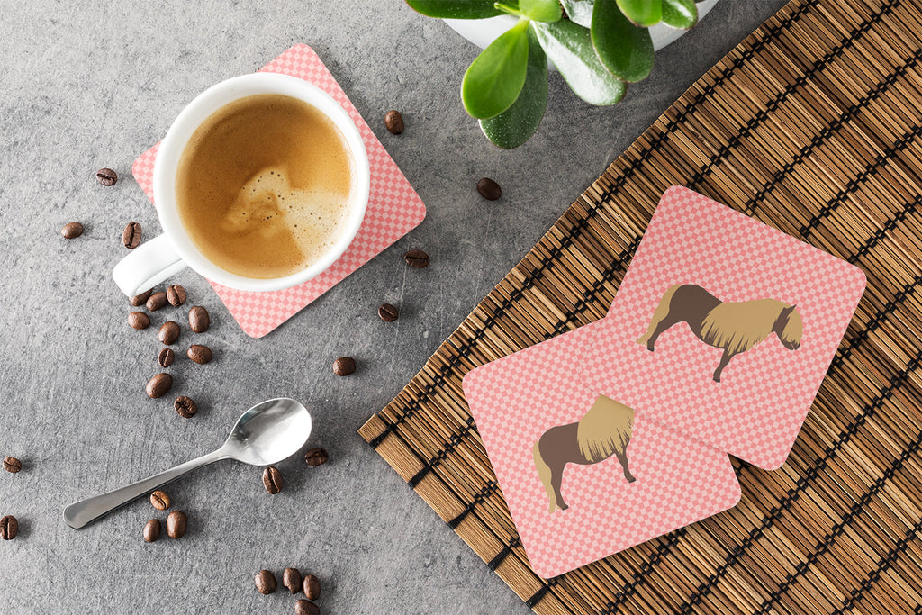 Shetland Pony Horse Pink Check Foam Coasters Set of 4 Cup Coasters for Indoor Outdoor, Tabletop Protection, Anti Slip, Mouse pad Material