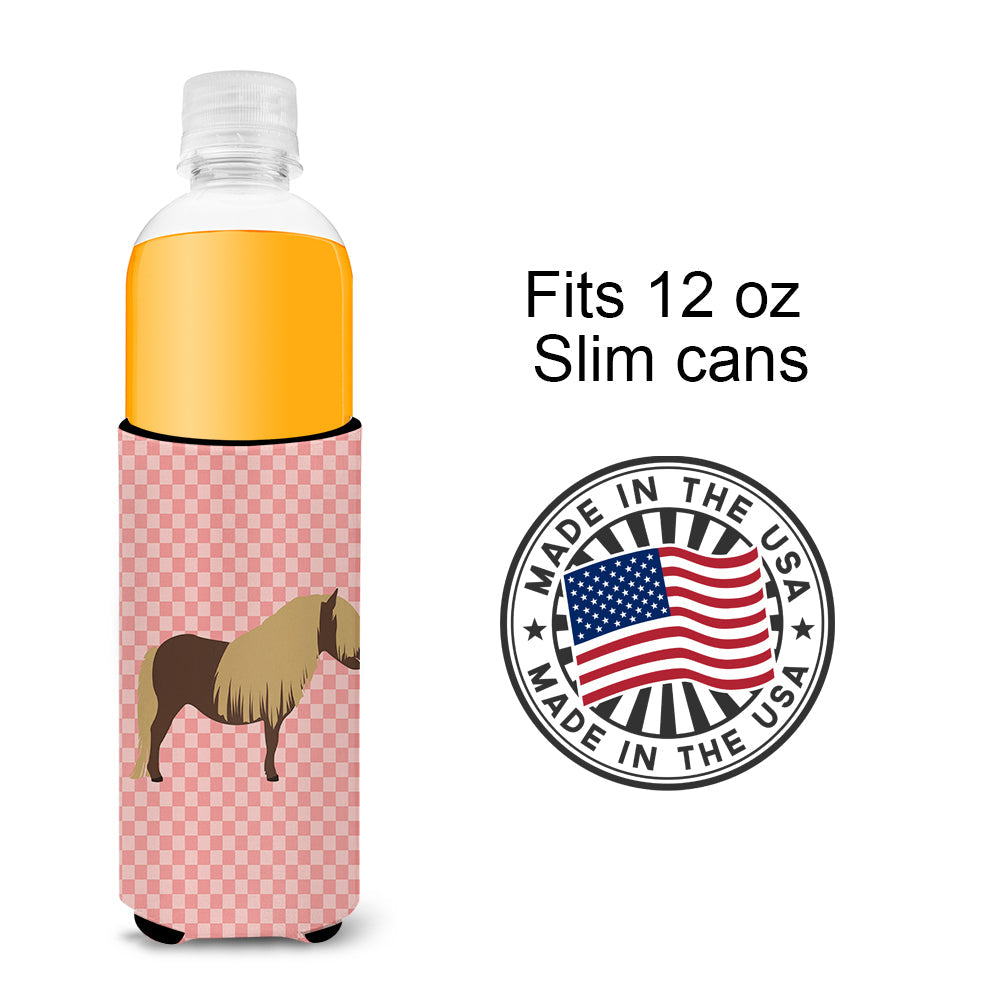 Shetland Pony Horse Pink Check Slim Can Hugger , Insulated Foam Hugger for 12 oz Slim Cans, Beer Bottles & Water Bottles, Printed in USA