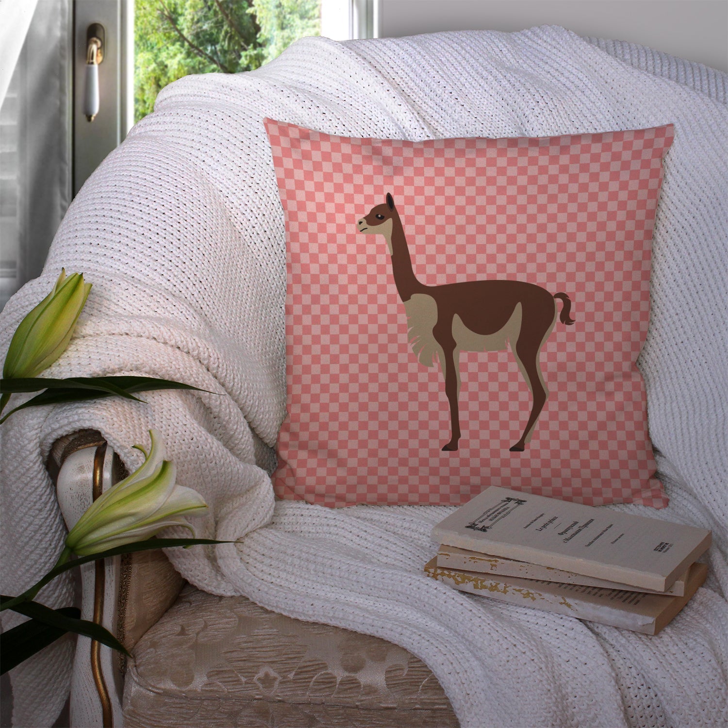 Vicugna or Vicuna Pink Check Decorative Throw Pillow 14x14 Indoor Outdoor Accent Cushion, Fabric Cover with Insert for Sofa, Bed, Porch & Living Room