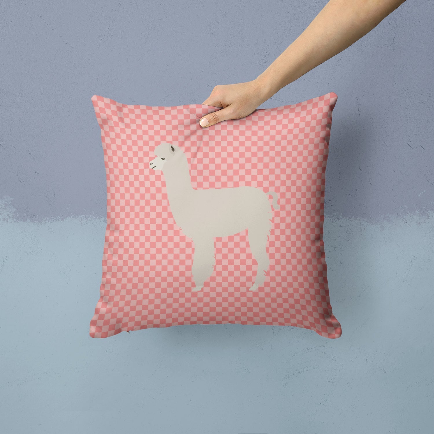 Alpaca Pink Check Decorative Throw Pillow 14x14 Indoor Outdoor Accent Cushion, Fabric Cover with Insert for Sofa, Bed, Porch & Living Room
