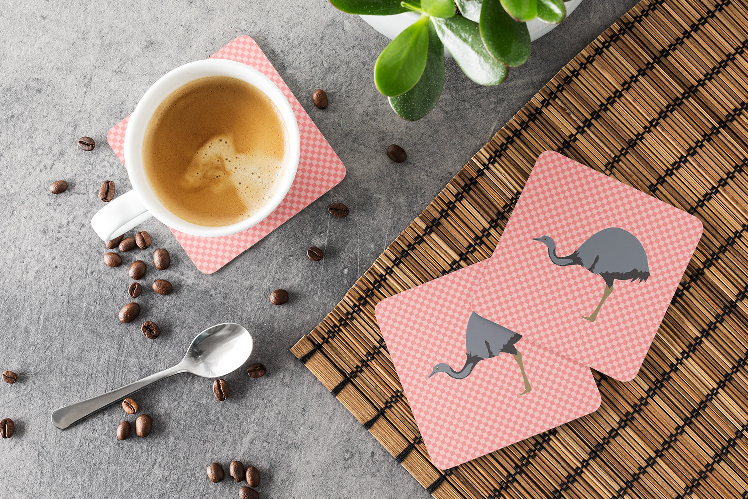 Rhea  Pink Check Foam Coasters Set of 4 Cup Coasters for Indoor Outdoor, Tabletop Protection, Anti Slip, Mouse pad Material