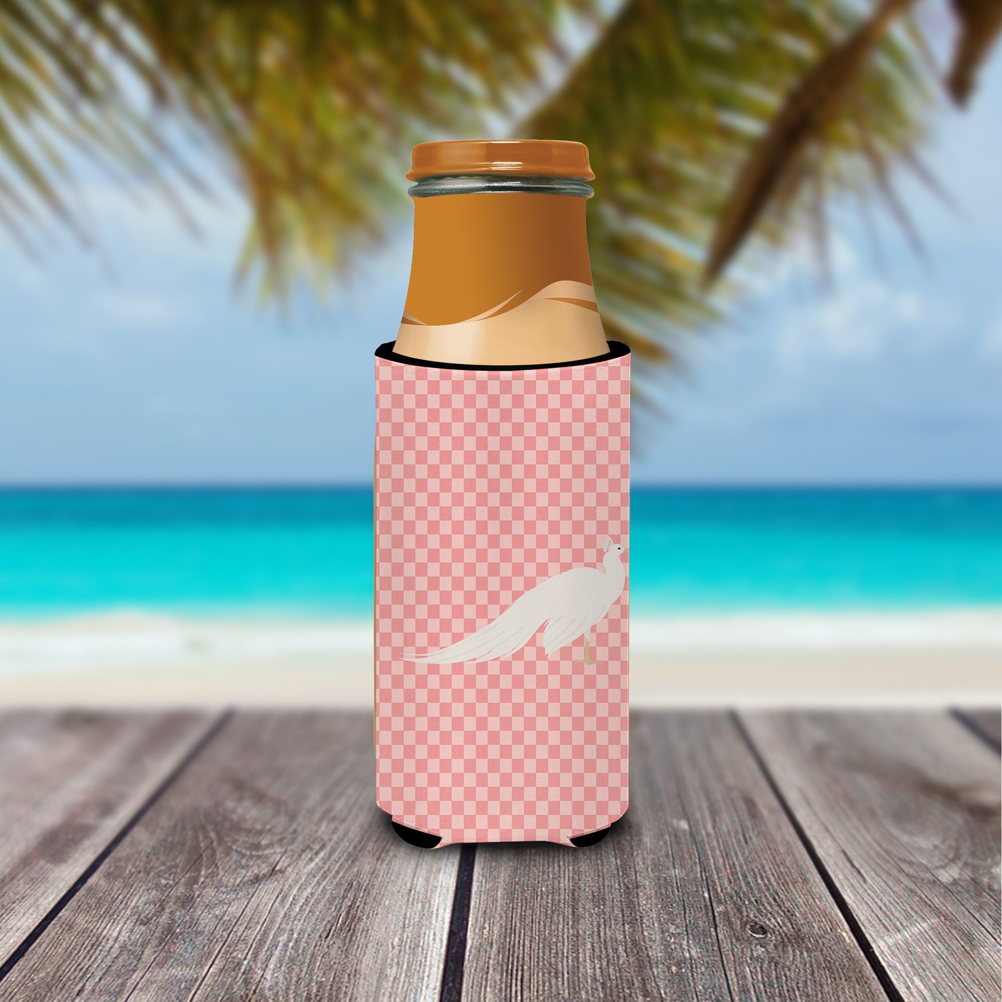 White Peacock Peafowl Pink Check Slim Can Hugger , Insulated Foam Hugger for 12 oz Slim Cans, Beer Bottles & Water Bottles, Printed in USA