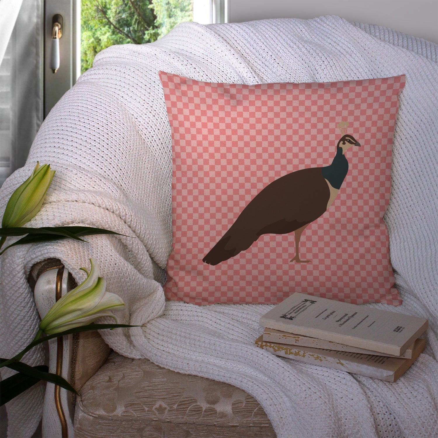 Indian Peahen Peafowl Pink Check Decorative Throw Pillow 14x14 Indoor Outdoor Accent Cushion, Fabric Cover with Insert for Sofa, Bed, Porch & Living Room