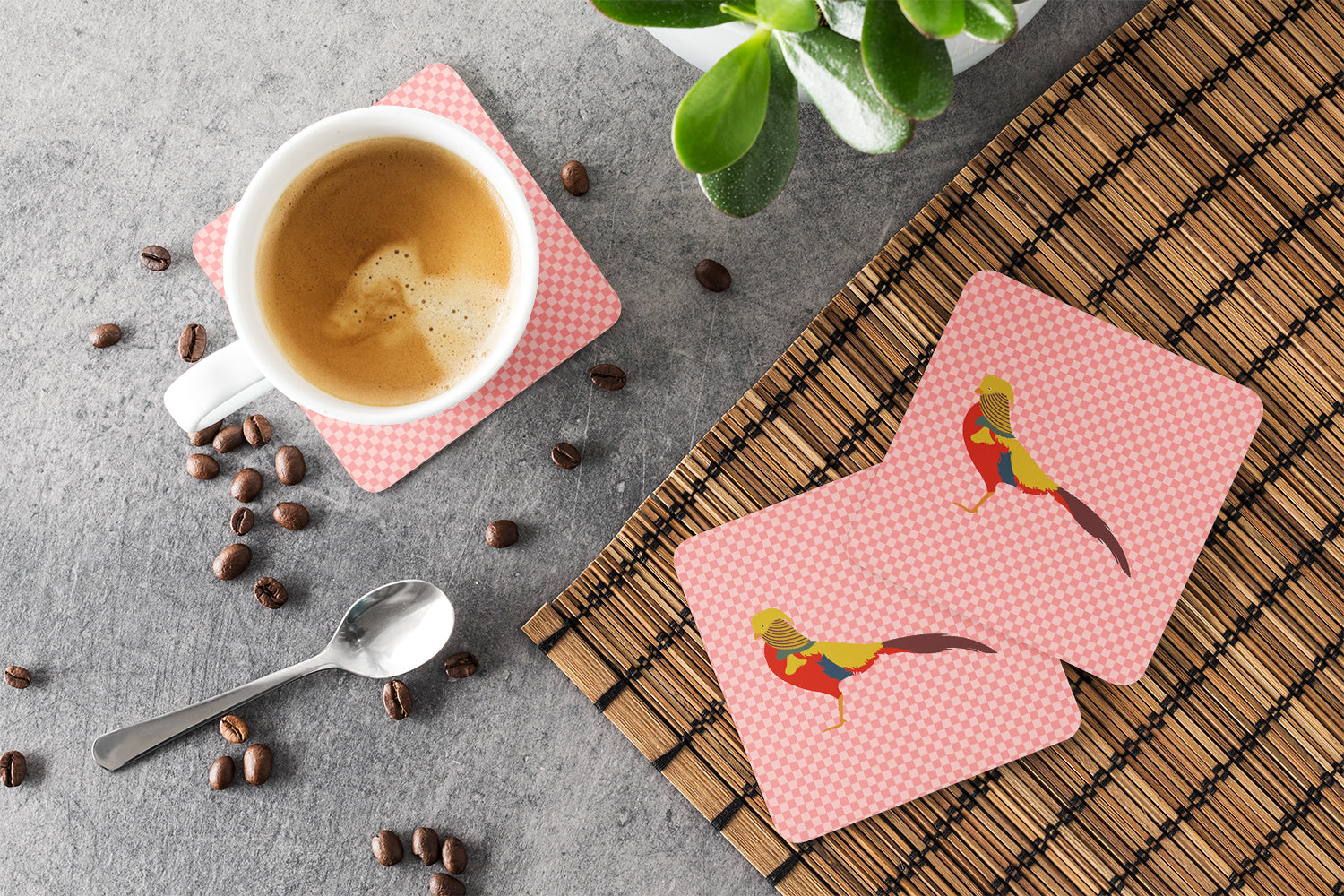 Golden or Chinese Pheasant Pink Check Foam Coasters Set of 4 Cup Coasters for Indoor Outdoor, Tabletop Protection, Anti Slip, Mouse pad Material