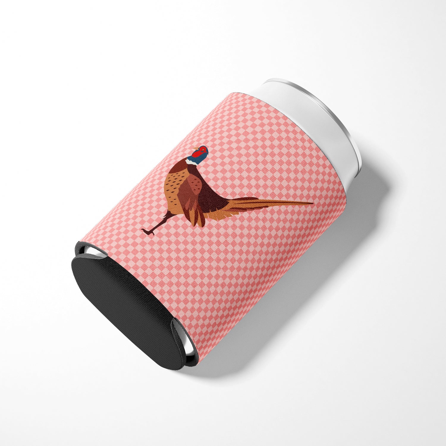 Ring-necked Common Pheasant Pink Check Can or Bottle Hugger Cooler Sleeve for Standard 12 oz Cans, Insulated Foam Beer & Soda Can Hugger Reusable