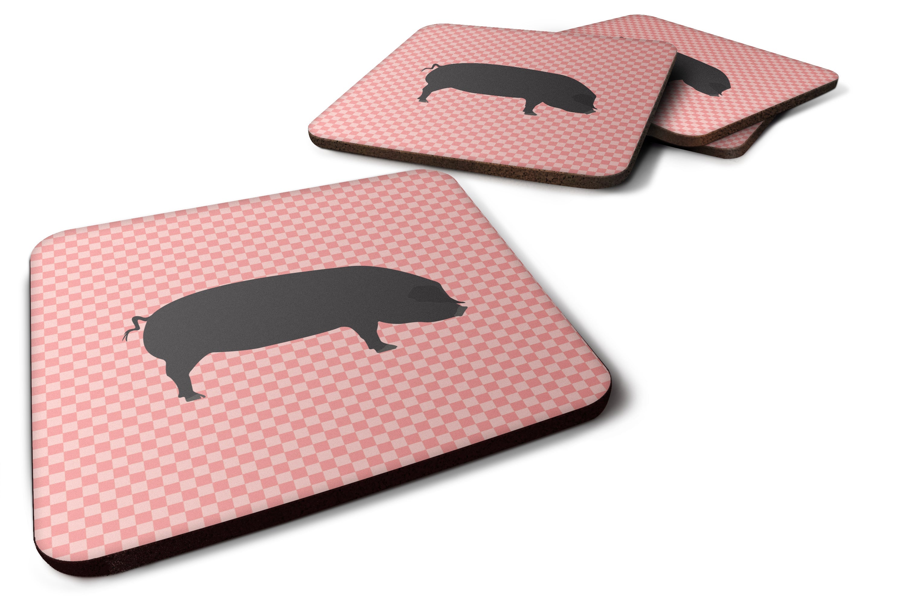 Devon Large Black Pig Pink Check Foam Coasters Set of 4 Cup Coasters for Indoor Outdoor, Tabletop Protection, Anti Slip, Mouse pad Material