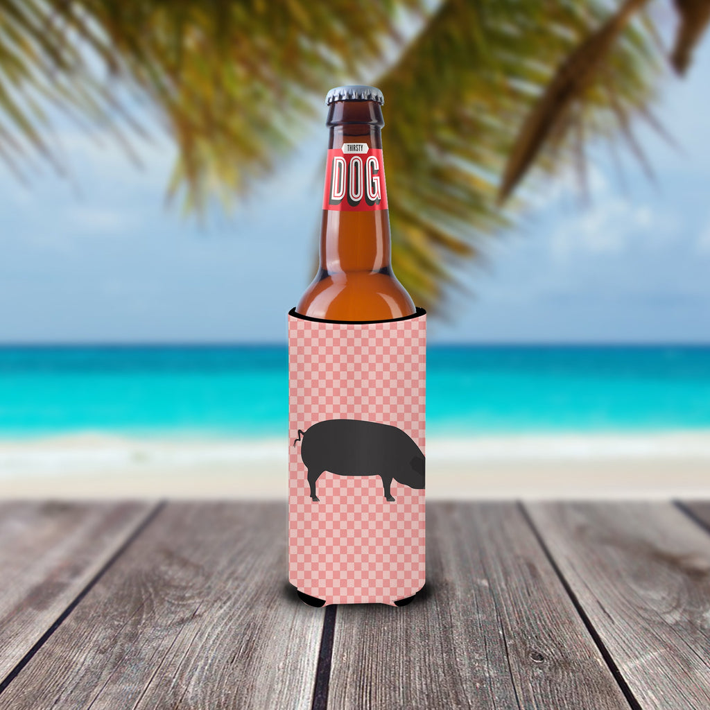 Devon Large Black Pig Pink Check Slim Can Hugger , Insulated Foam Hugger for 12 oz Slim Cans, Beer Bottles & Water Bottles, Printed in USA