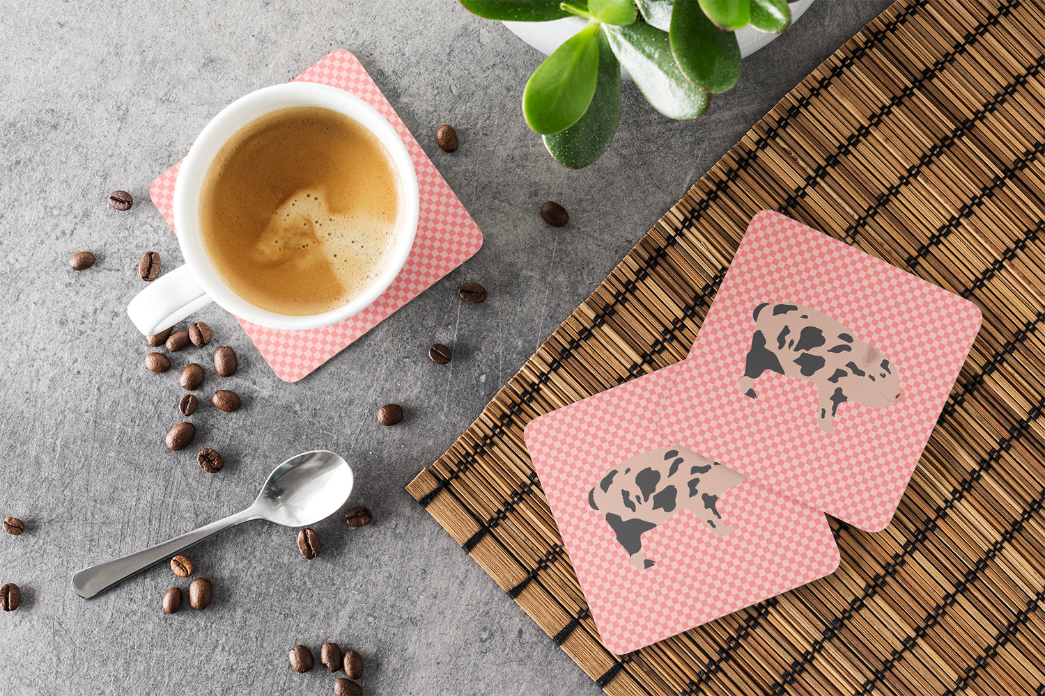 Mini Miniature Pig Pink Check Foam Coasters Set of 4 Cup Coasters for Indoor Outdoor, Tabletop Protection, Anti Slip, Mouse pad Material