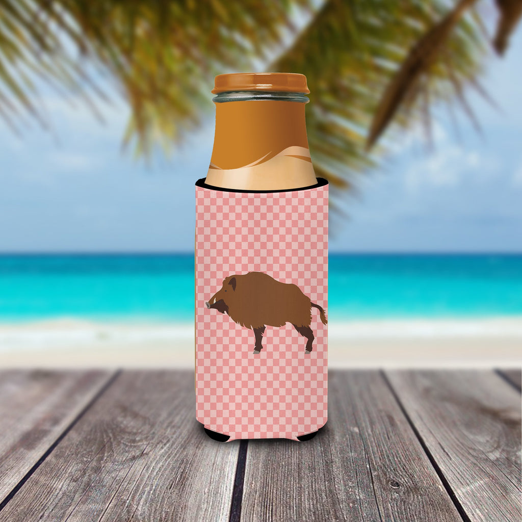 Wild Boar Pig Pink Check Slim Can Hugger , Insulated Foam Hugger for 12 oz Slim Cans, Beer Bottles & Water Bottles, Printed in USA