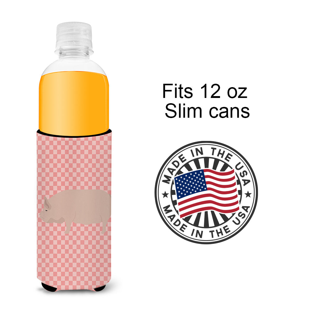 Welsh Pig Pink Check Slim Can Hugger , Insulated Foam Hugger for 12 oz Slim Cans, Beer Bottles & Water Bottles, Printed in USA