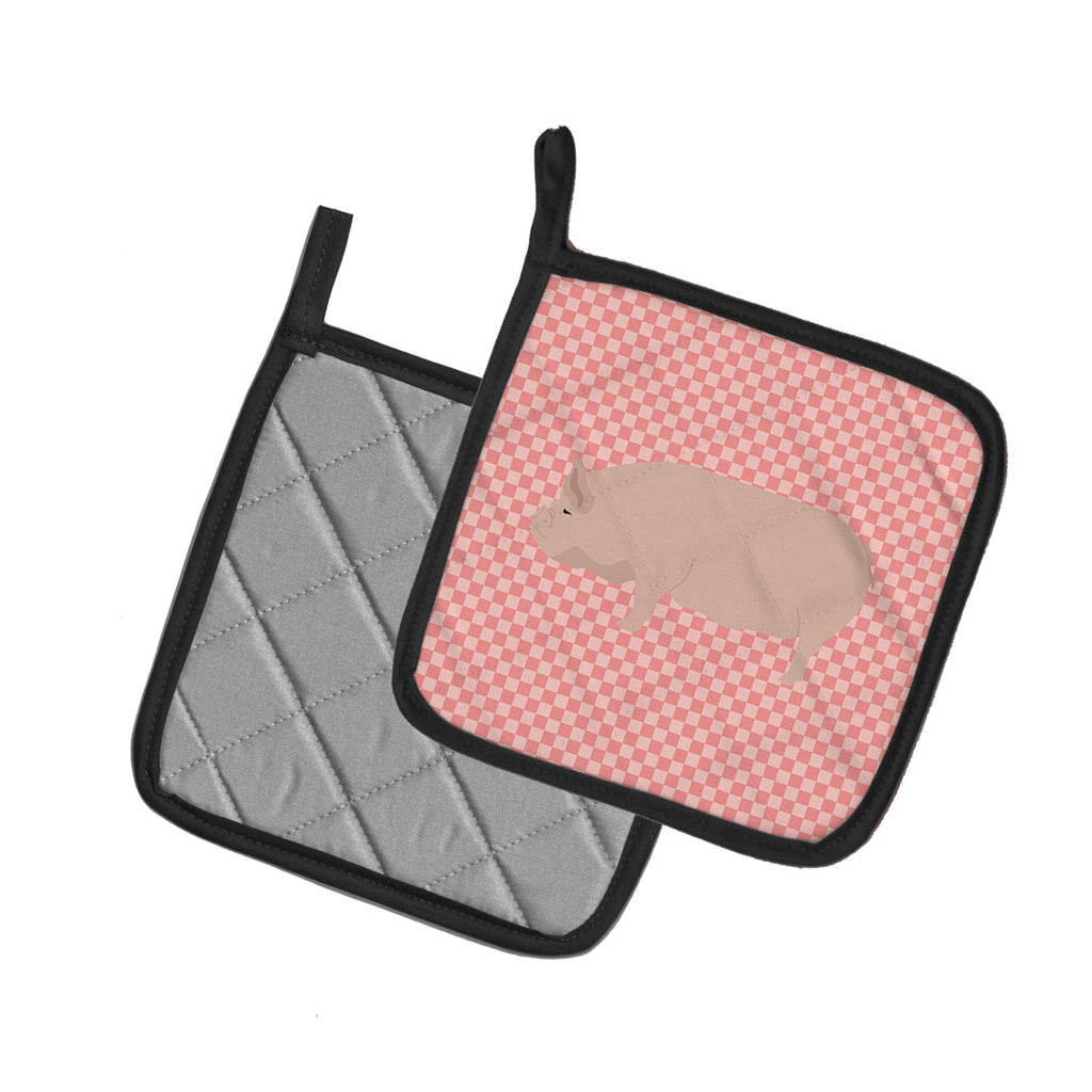 Welsh Pig Pink Check Pot Holder Set of 2 Heat Resistant Quilted Hot Pads 7.5 x 7.5 Inch, Insulated Kitchen Trivets for Cooking & Baking