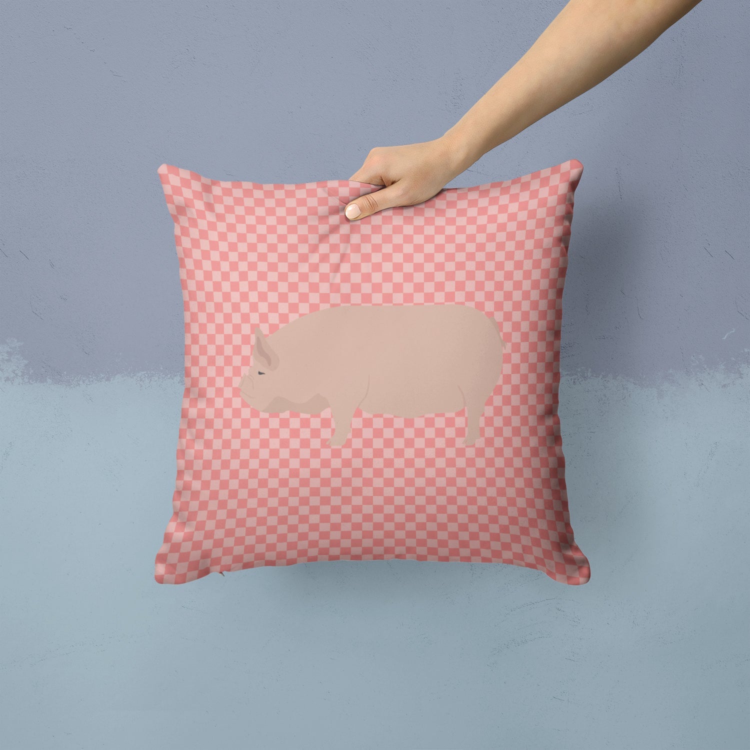 Welsh Pig Pink Check Decorative Throw Pillow 14x14 Indoor Outdoor Accent Cushion, Fabric Cover with Insert for Sofa, Bed, Porch & Living Room