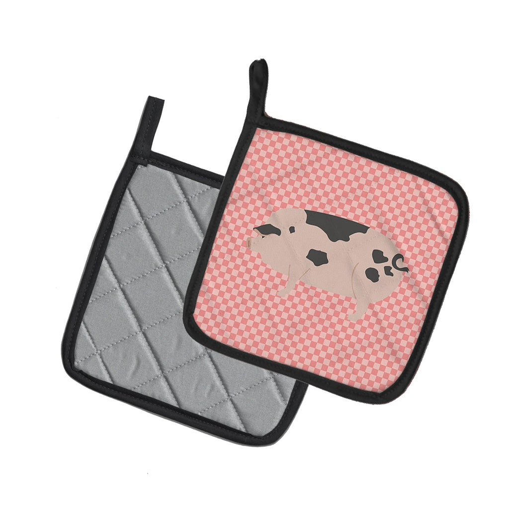 Gloucester Old Spot Pig Pink Check Pot Holder Set of 2 Heat Resistant Quilted Hot Pads 7.5 x 7.5 Inch, Insulated Kitchen Trivets for Cooking & Baking