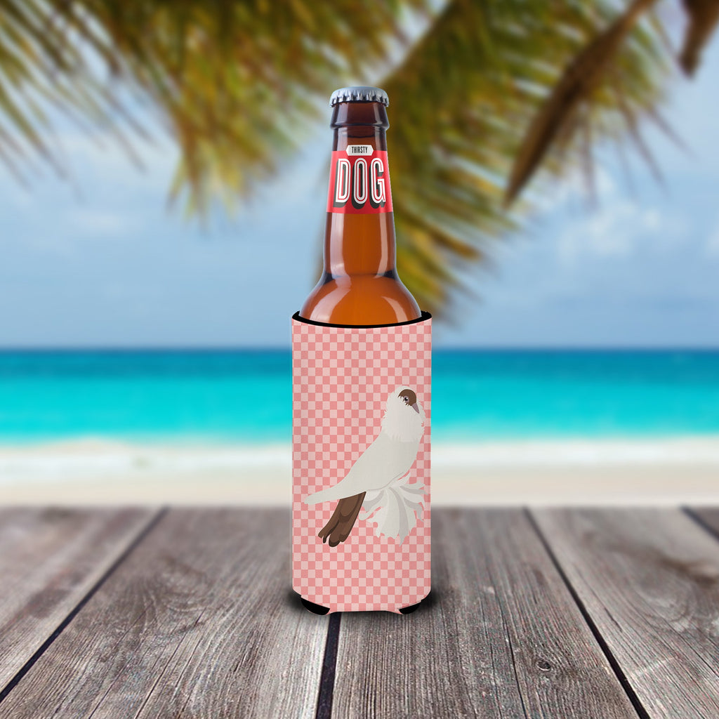 German Helmet Pigeon Pink Check Slim Can Hugger , Insulated Foam Hugger for 12 oz Slim Cans, Beer Bottles & Water Bottles, Printed in USA
