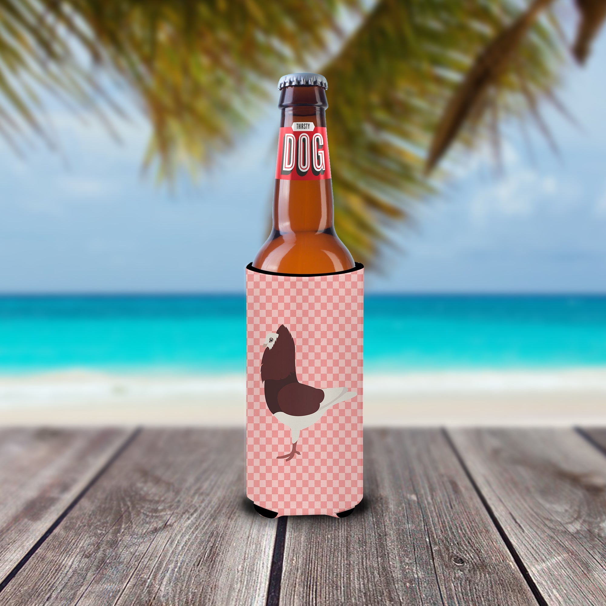 Capuchin Red Pigeon Pink Check Slim Can Hugger , Insulated Foam Hugger for 12 oz Slim Cans, Beer Bottles & Water Bottles, Printed in USA