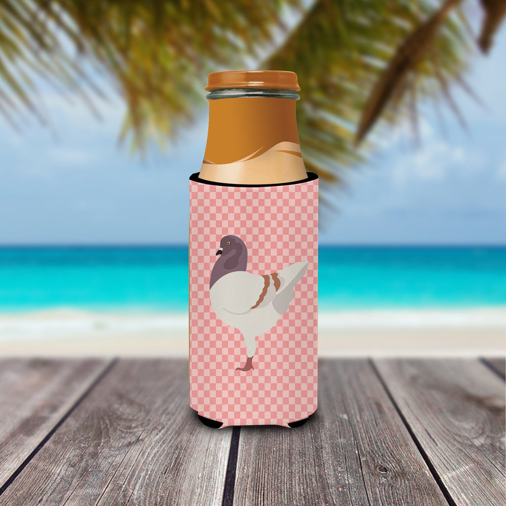 German Modena Pigeon Pink Check Slim Can Hugger , Insulated Foam Hugger for 12 oz Slim Cans, Beer Bottles & Water Bottles, Printed in USA