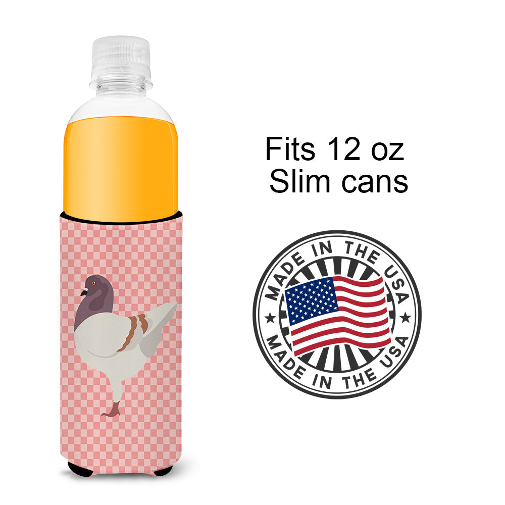 German Modena Pigeon Pink Check Slim Can Hugger , Insulated Foam Hugger for 12 oz Slim Cans, Beer Bottles & Water Bottles, Printed in USA