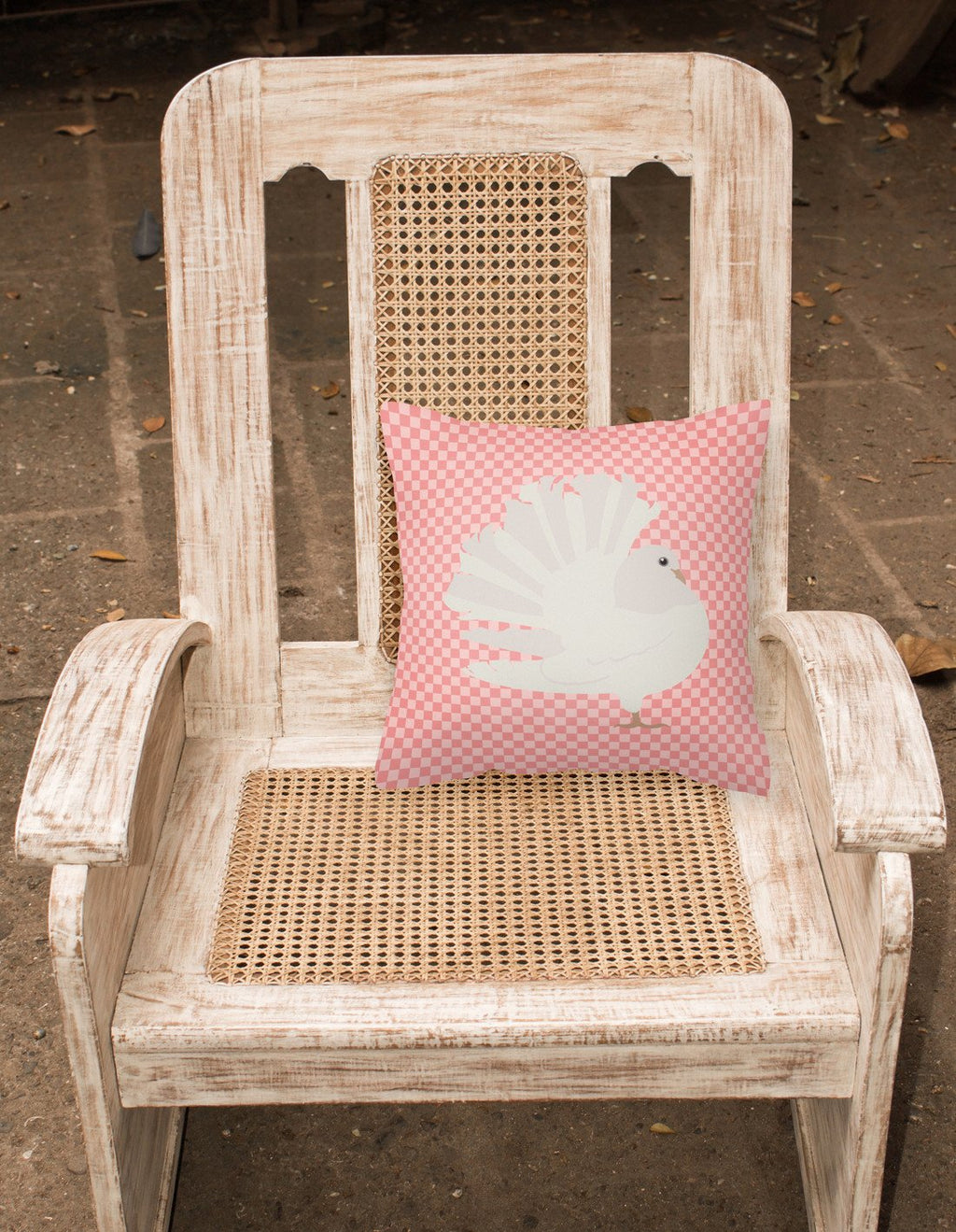 Silver Fantail Pigeon Pink Check Decorative Throw Pillow 18x18 Indoor Outdoor Accent Cushion, Fabric Cover with Insert for Sofa, Bed, Porch & Living Room