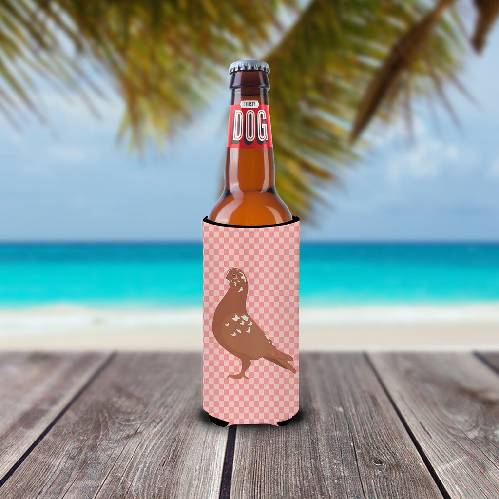 African Owl Pigeon Pink Check Slim Can Hugger , Insulated Foam Hugger for 12 oz Slim Cans, Beer Bottles & Water Bottles, Printed in USA