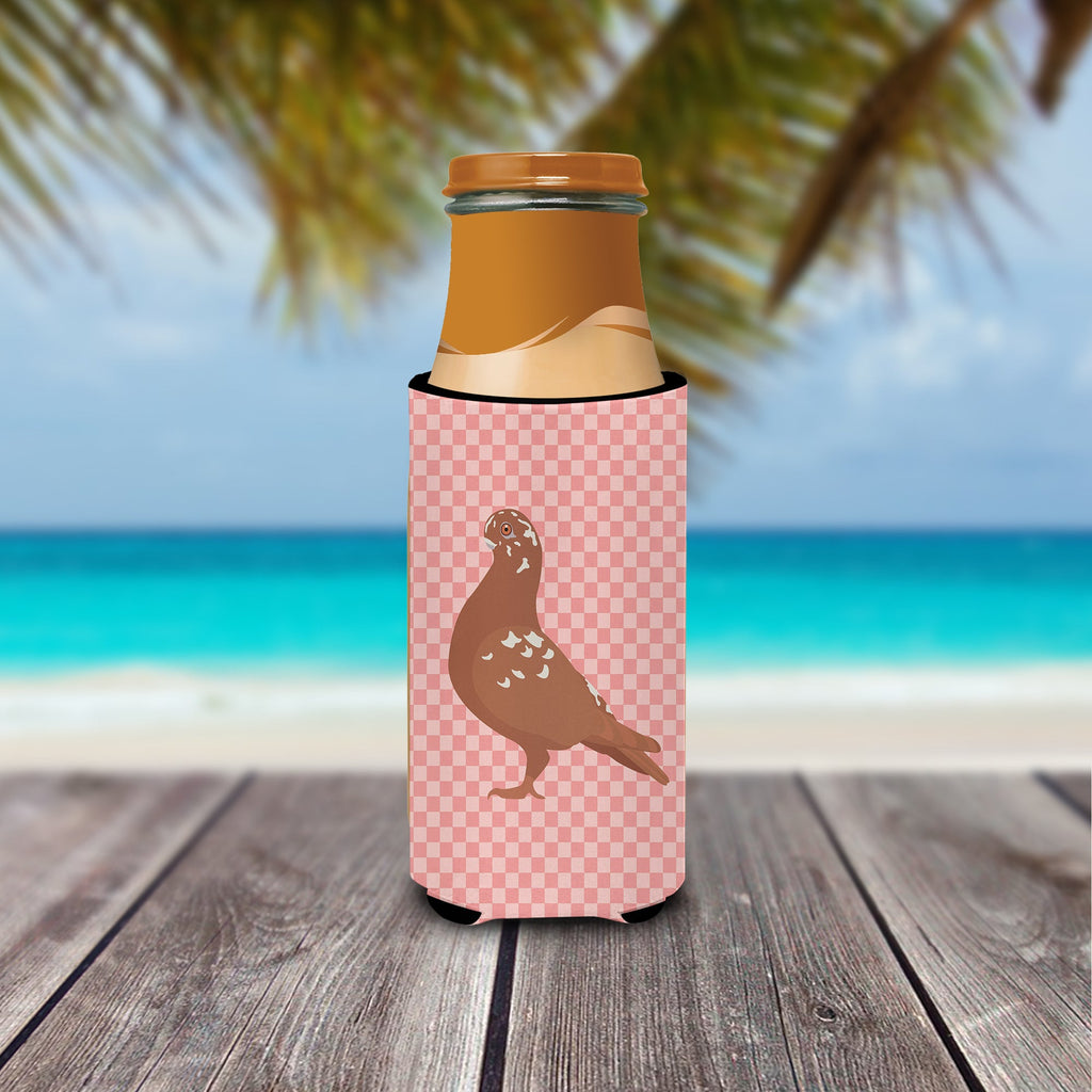 African Owl Pigeon Pink Check Slim Can Hugger , Insulated Foam Hugger for 12 oz Slim Cans, Beer Bottles & Water Bottles, Printed in USA