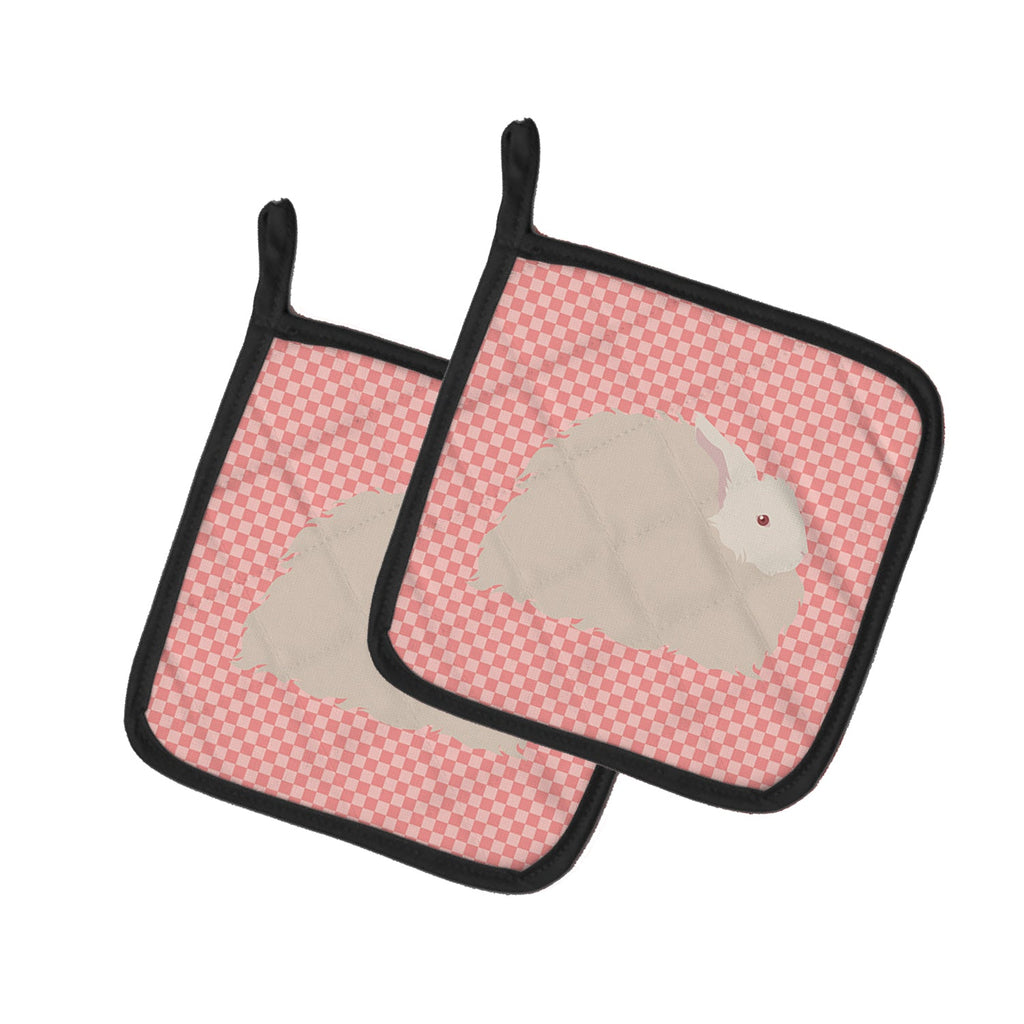 Fluffy Angora Rabbit Pink Check Pot Holder Set of 2 Heat Resistant Quilted Hot Pads 7.5 x 7.5 Inch, Insulated Kitchen Trivets for Cooking & Baking