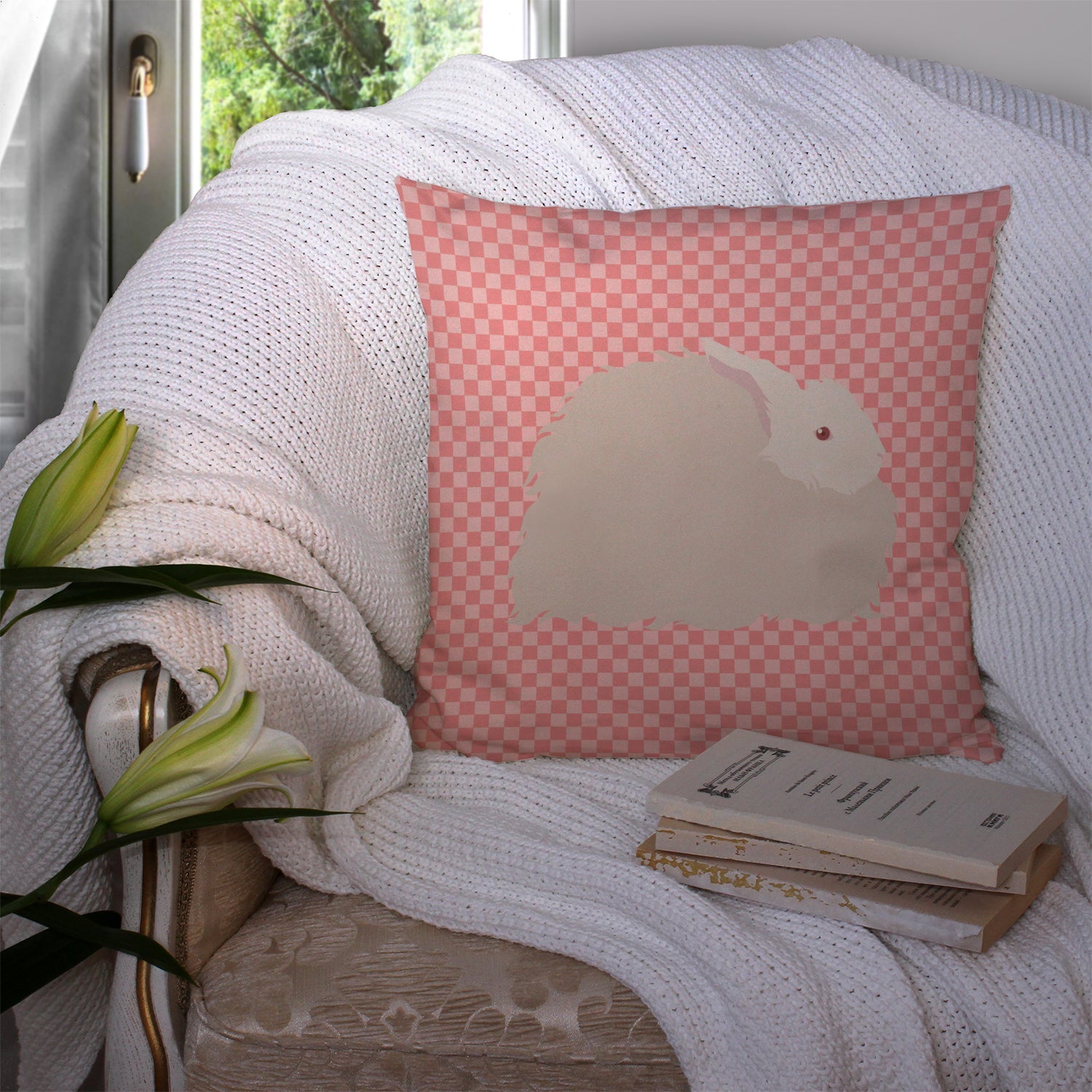 Fluffy Angora Rabbit Pink Check Decorative Throw Pillow 14x14 Indoor Outdoor Accent Cushion, Fabric Cover with Insert for Sofa, Bed, Porch & Living Room