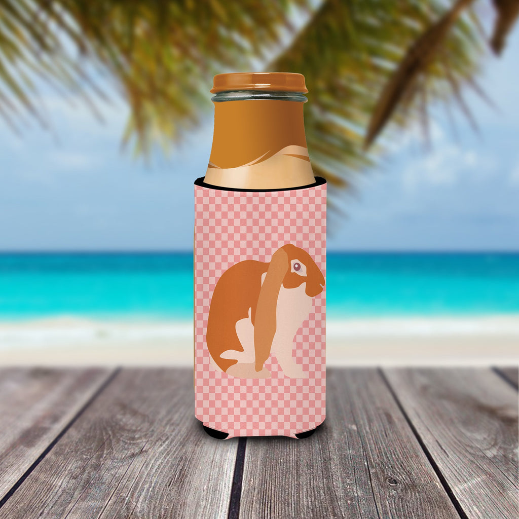English Lop Rabbit Pink Check Slim Can Hugger , Insulated Foam Hugger for 12 oz Slim Cans, Beer Bottles & Water Bottles, Printed in USA