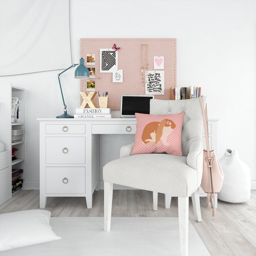 English Lop Rabbit Pink Check Decorative Throw Pillow 14x14 Indoor Outdoor Accent Cushion, Fabric Cover with Insert for Sofa, Bed, Porch & Living Room