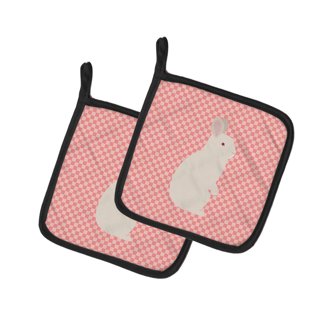 New Zealand White Rabbit Pink Check Pot Holder Set of 2 Heat Resistant Quilted Hot Pads 7.5 x 7.5 Inch, Insulated Kitchen Trivets for Cooking & Baking