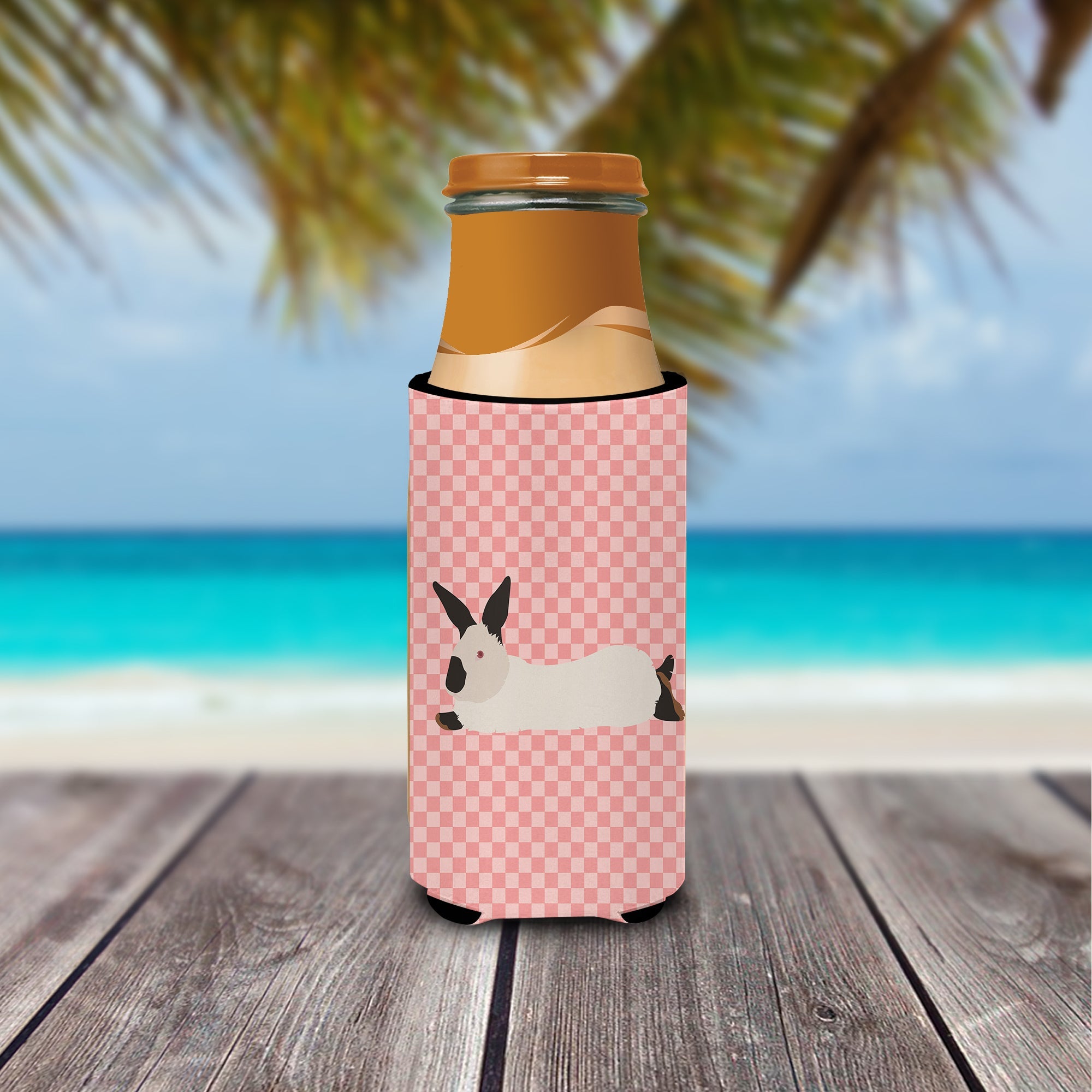 California White Rabbit Pink Check Slim Can Hugger , Insulated Foam Hugger for 12 oz Slim Cans, Beer Bottles & Water Bottles, Printed in USA