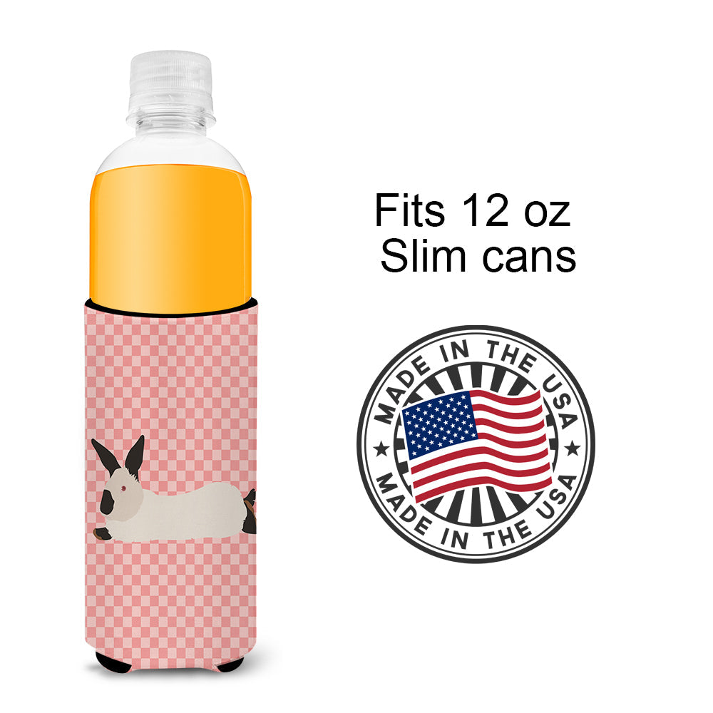 California White Rabbit Pink Check Slim Can Hugger , Insulated Foam Hugger for 12 oz Slim Cans, Beer Bottles & Water Bottles, Printed in USA