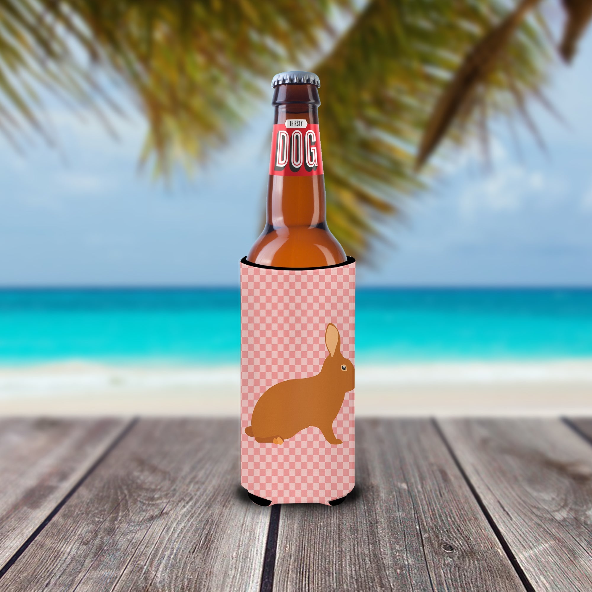 Rex Rabbit Pink Check Slim Can Hugger , Insulated Foam Hugger for 12 oz Slim Cans, Beer Bottles & Water Bottles, Printed in USA