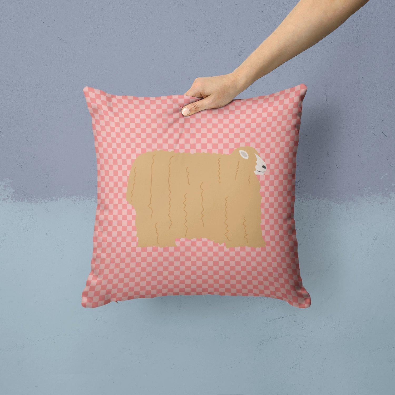 Lincoln Longwool Sheep Pink Check Decorative Throw Pillow 14x14 Indoor Outdoor Accent Cushion, Fabric Cover with Insert for Sofa, Bed, Porch & Living Room
