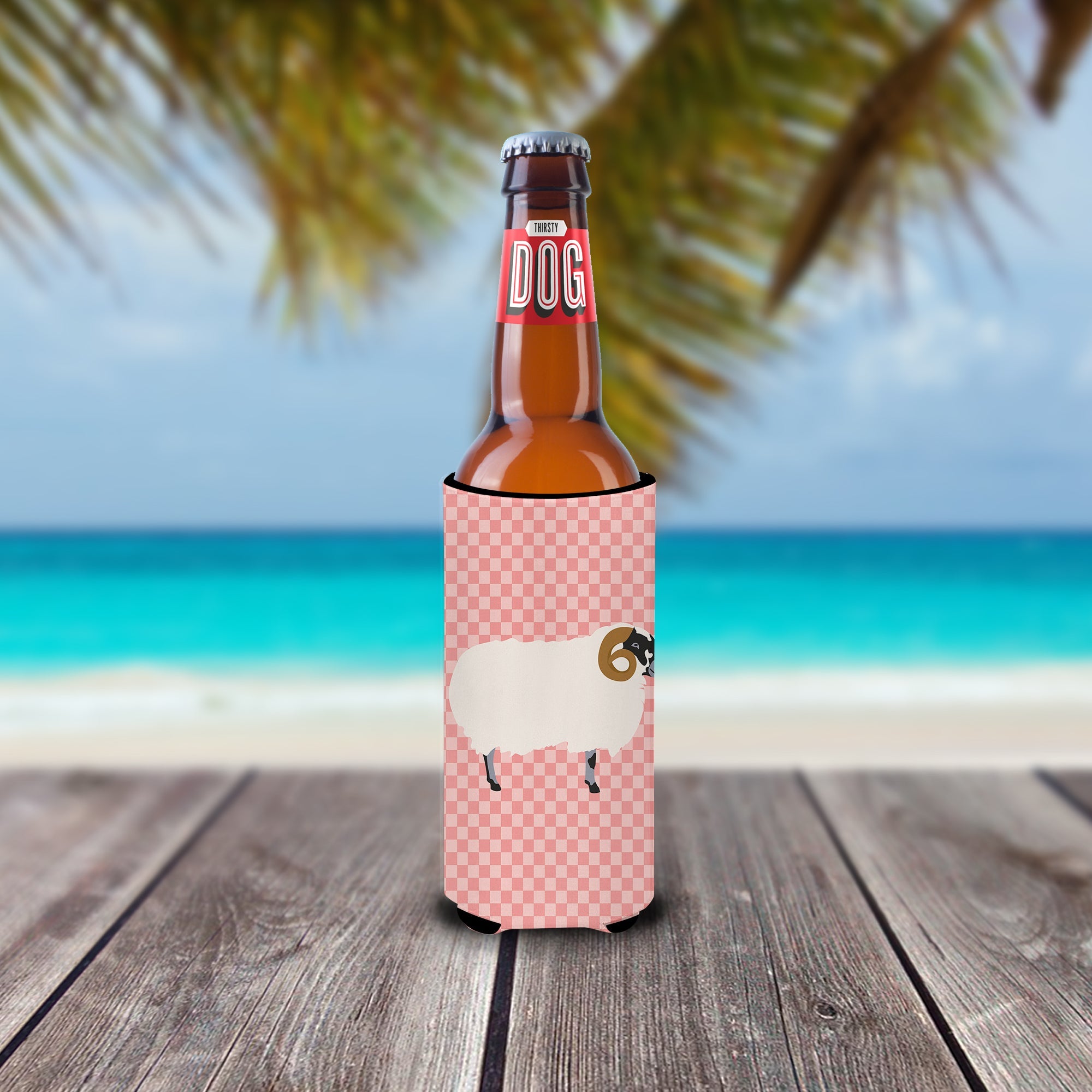 Scottish Blackface Sheep Pink Check Slim Can Hugger , Insulated Foam Hugger for 12 oz Slim Cans, Beer Bottles & Water Bottles, Printed in USA