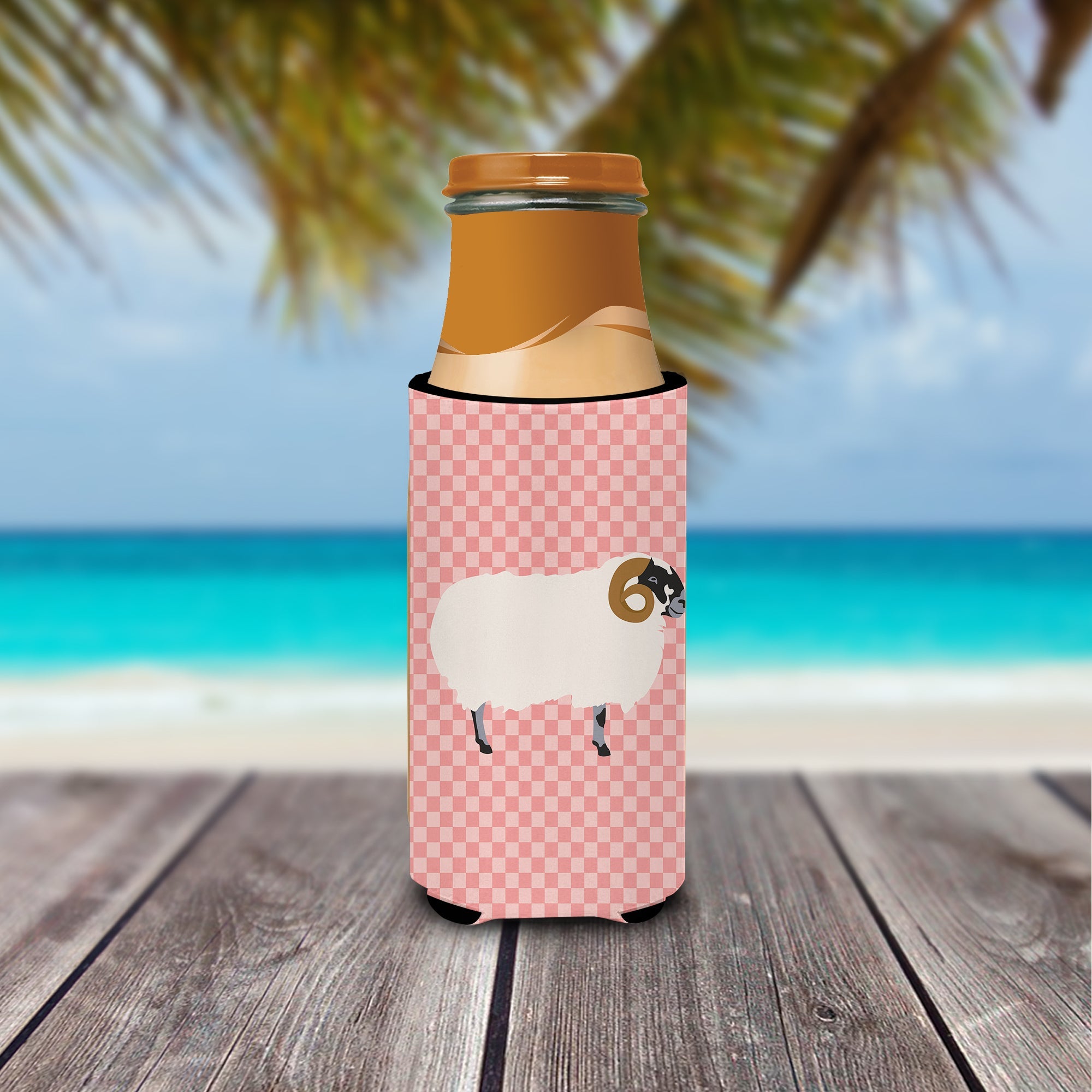 Scottish Blackface Sheep Pink Check Slim Can Hugger , Insulated Foam Hugger for 12 oz Slim Cans, Beer Bottles & Water Bottles, Printed in USA