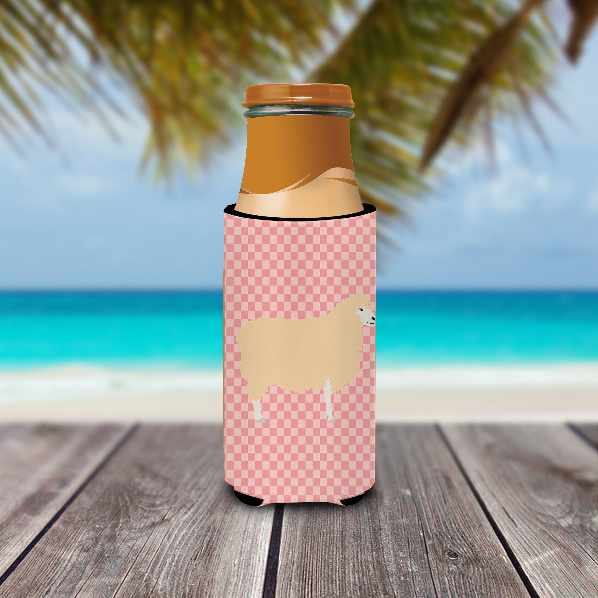 English Leicester Longwool Sheep Pink Check Slim Can Hugger , Insulated Foam Hugger for 12 oz Slim Cans, Beer Bottles & Water Bottles, Printed in USA