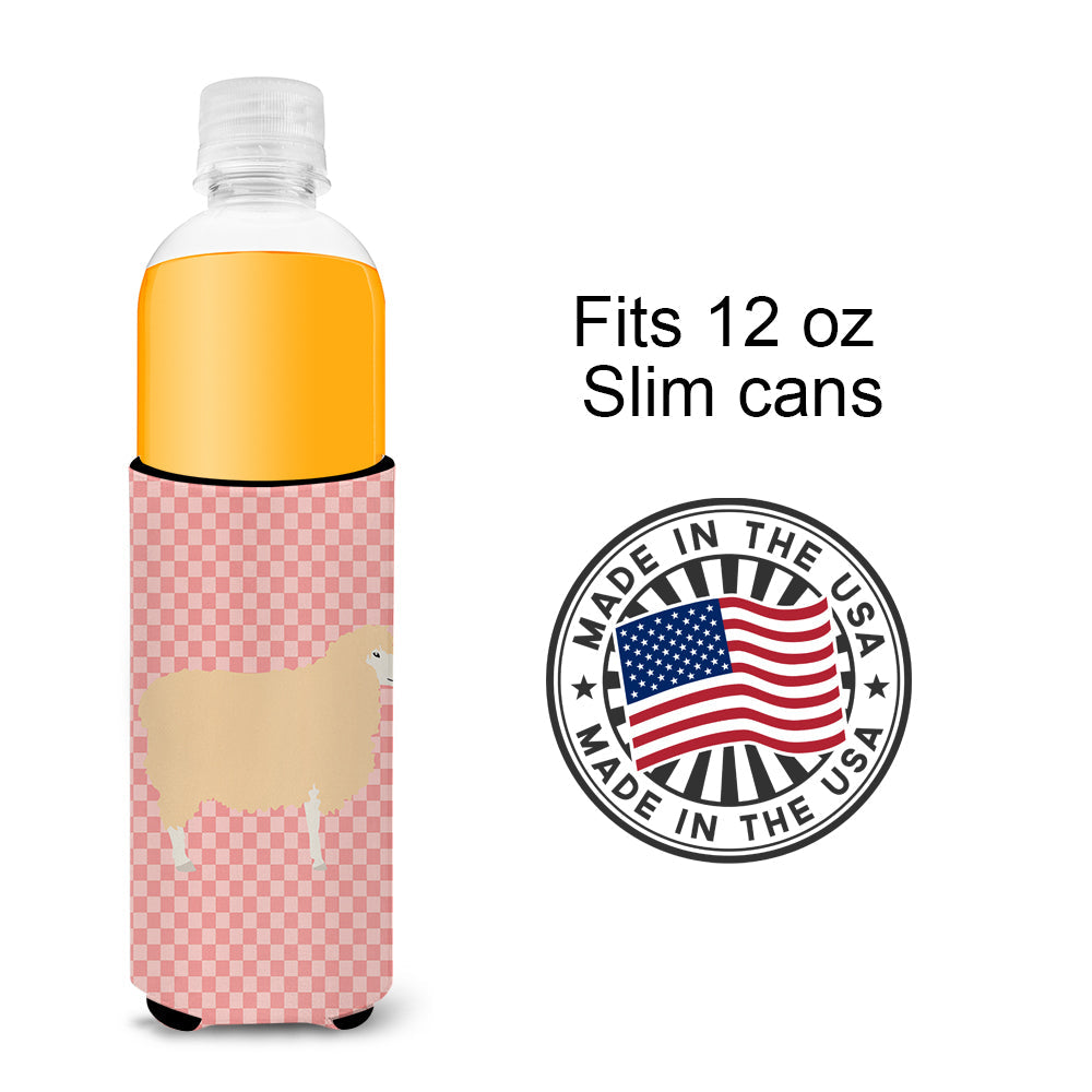 English Leicester Longwool Sheep Pink Check Slim Can Hugger , Insulated Foam Hugger for 12 oz Slim Cans, Beer Bottles & Water Bottles, Printed in USA