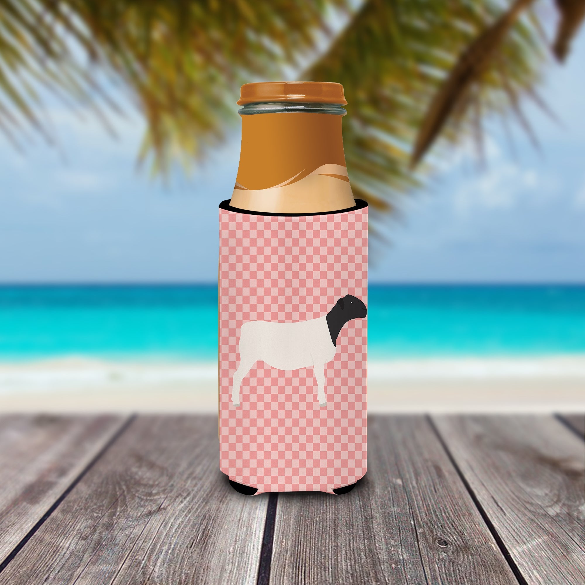 Dorper Sheep Pink Check Slim Can Hugger , Insulated Foam Hugger for 12 oz Slim Cans, Beer Bottles & Water Bottles, Printed in USA