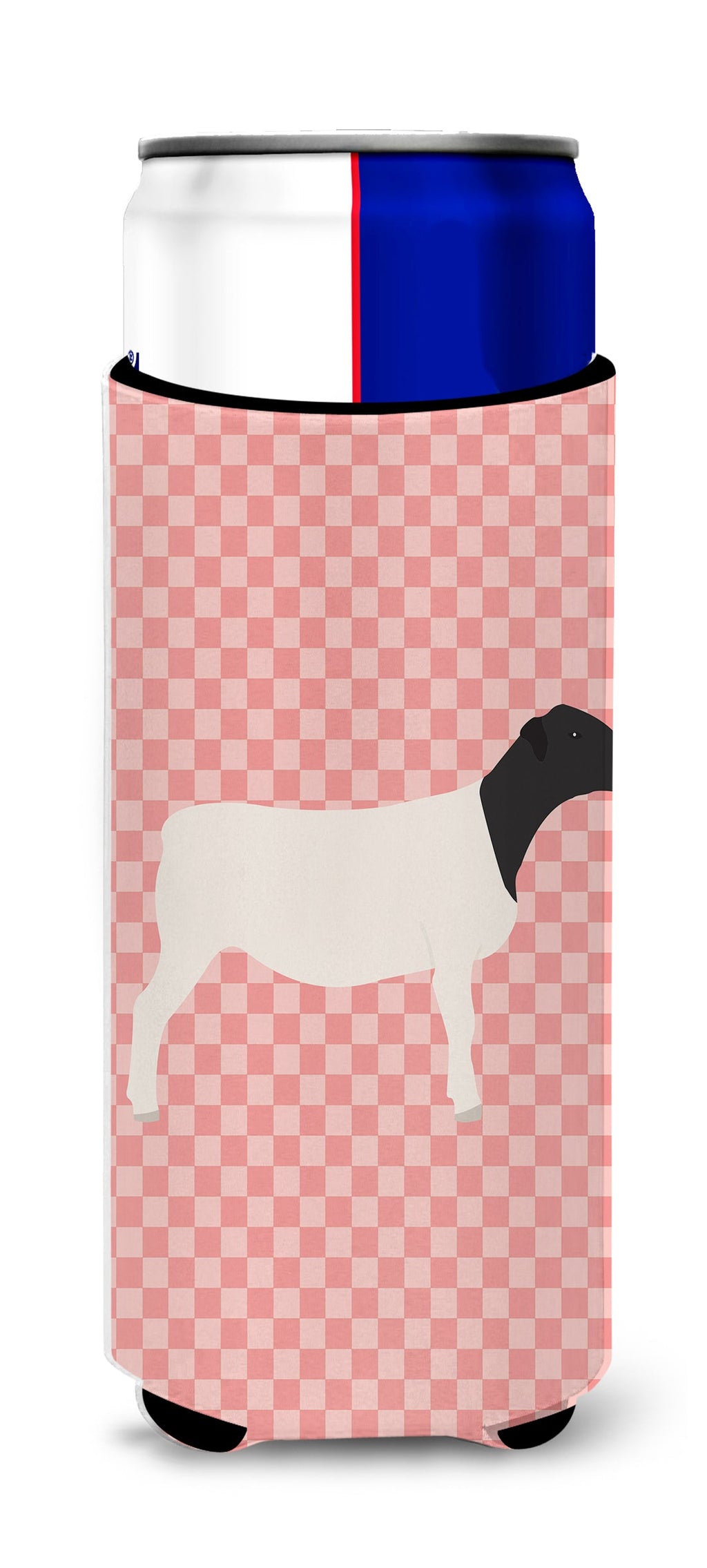 Dorper Sheep Pink Check Slim Can Hugger , Insulated Foam Hugger for 12 oz Slim Cans, Beer Bottles & Water Bottles, Printed in USA