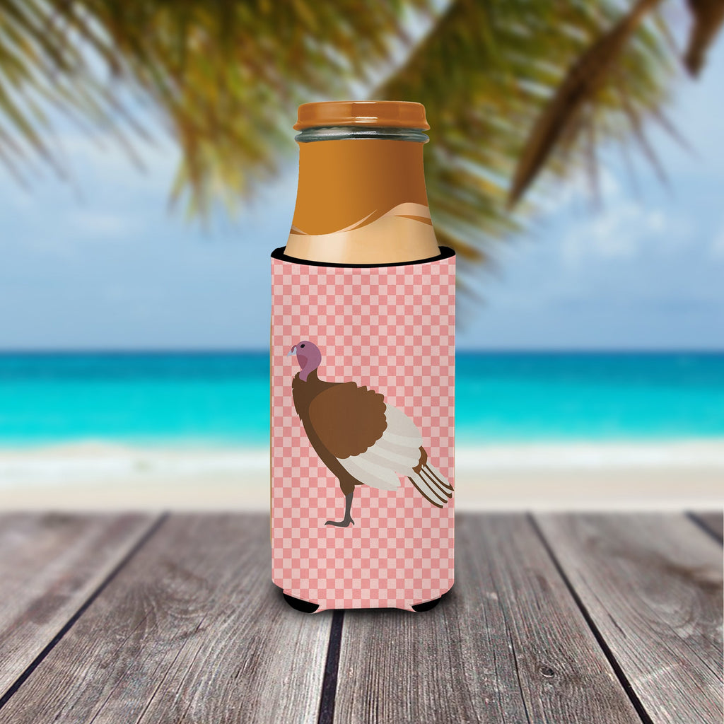 Bourbon Red Turkey Hen Pink Check Slim Can Hugger , Insulated Foam Hugger for 12 oz Slim Cans, Beer Bottles & Water Bottles, Printed in USA