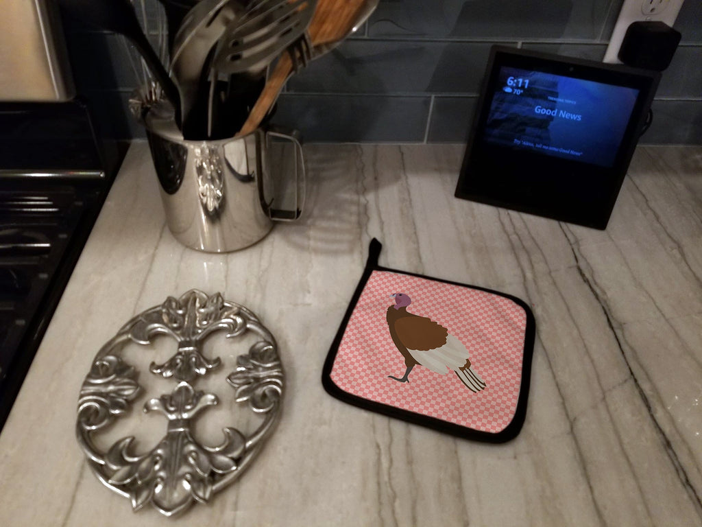 Bourbon Red Turkey Hen Pink Check Pot Holder Set of 2 Heat Resistant Quilted Hot Pads 7.5 x 7.5 Inch, Insulated Kitchen Trivets for Cooking & Baking