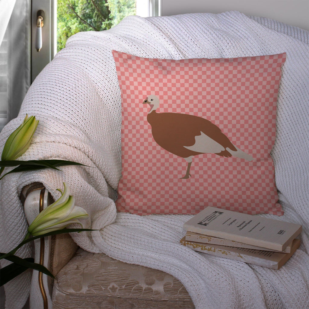 Jersey Buff Turkey Hen Pink Check Decorative Throw Pillow 14x14 Indoor Outdoor Accent Cushion, Fabric Cover with Insert for Sofa, Bed, Porch & Living Room