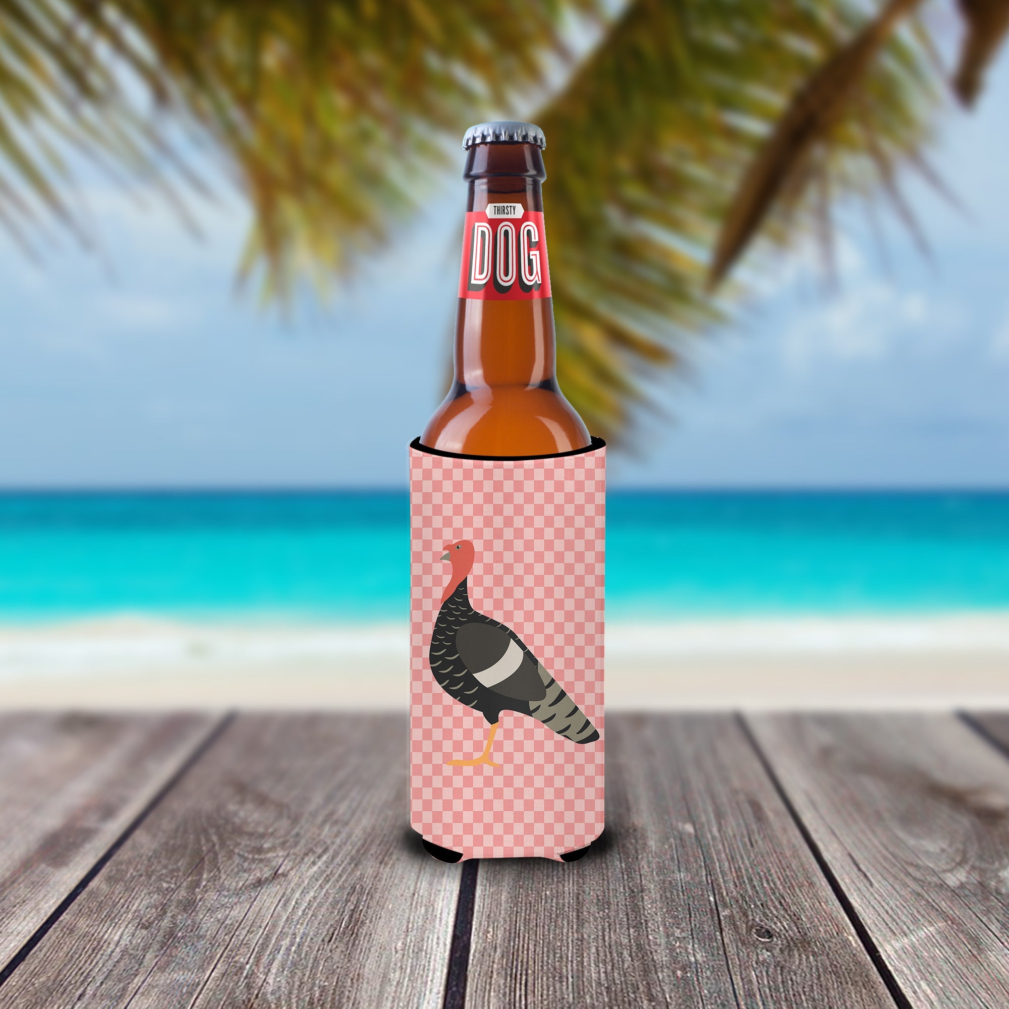 Marragansett Turkey Pink Check Slim Can Hugger , Insulated Foam Hugger for 12 oz Slim Cans, Beer Bottles & Water Bottles, Printed in USA