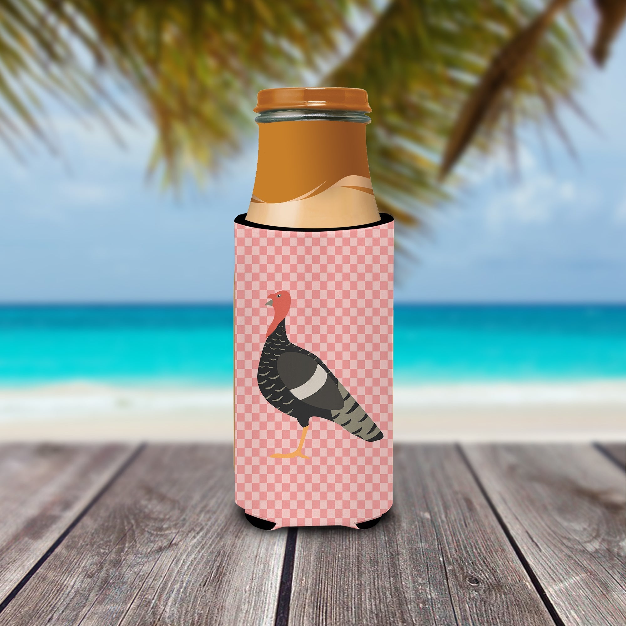 Marragansett Turkey Pink Check Slim Can Hugger , Insulated Foam Hugger for 12 oz Slim Cans, Beer Bottles & Water Bottles, Printed in USA