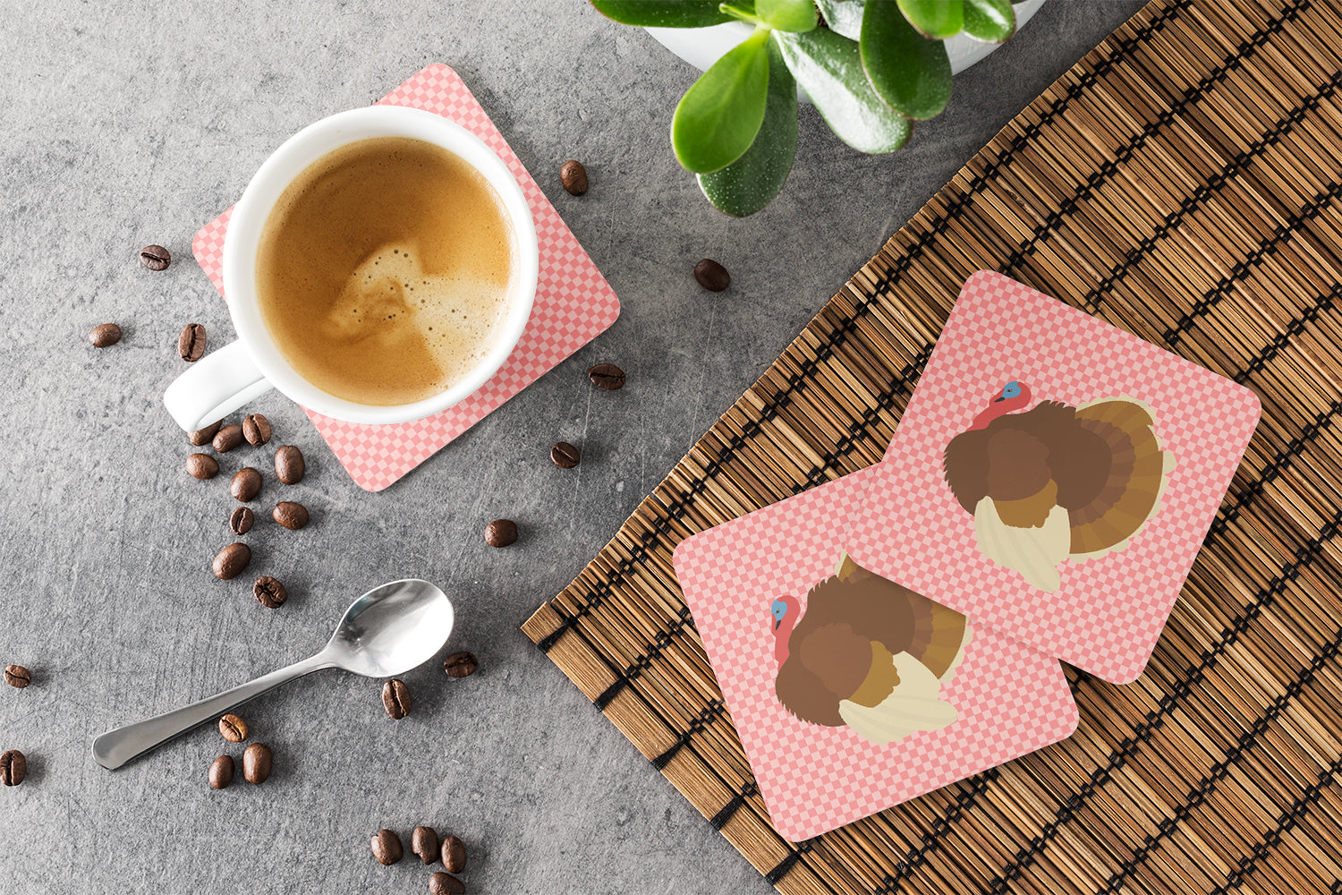 French Turkey Dindon Pink Check Foam Coasters Set of 4 Cup Coasters for Indoor Outdoor, Tabletop Protection, Anti Slip, Mouse pad Material
