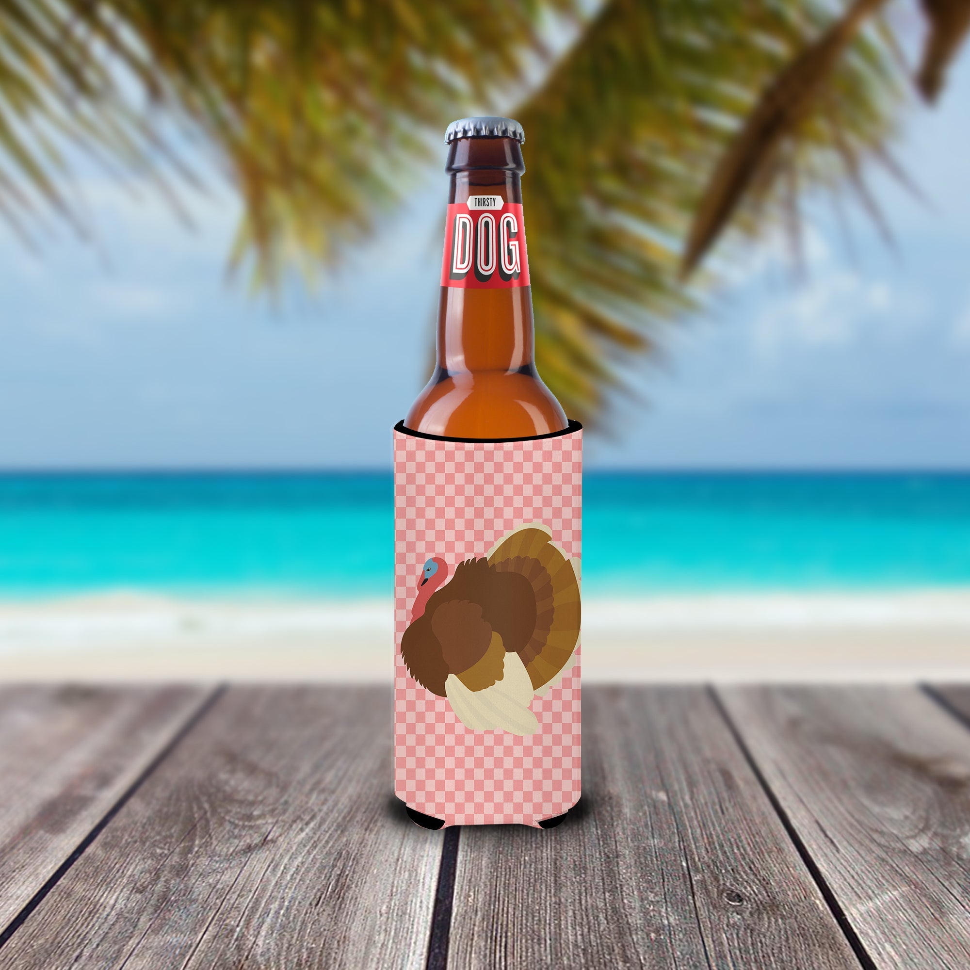 French Turkey Dindon Pink Check Slim Can Hugger , Insulated Foam Hugger for 12 oz Slim Cans, Beer Bottles & Water Bottles, Printed in USA